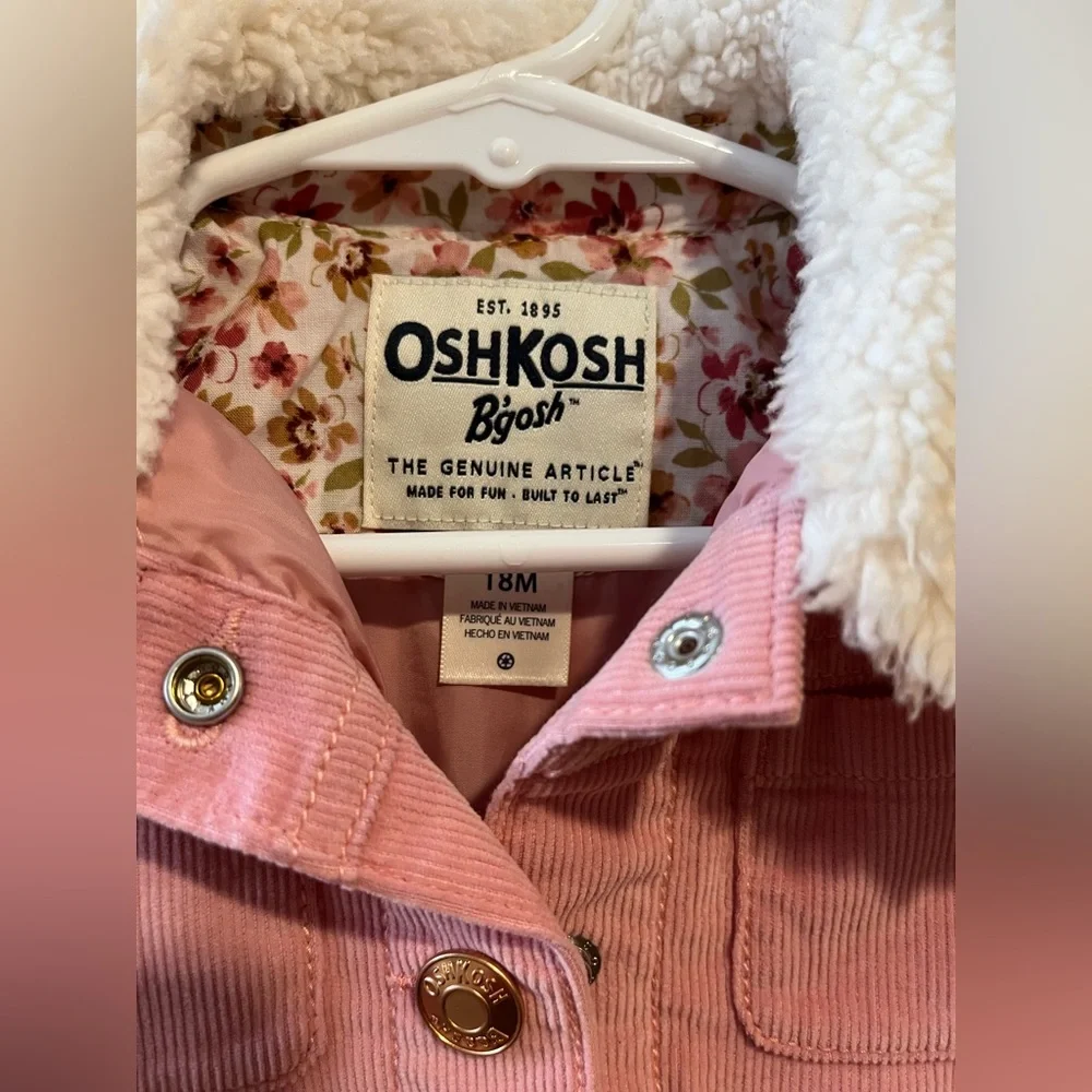 Oshkosh Bgosh Baby Girl Corduroy Sherpa Collar Pink Jacket Size 18 Months